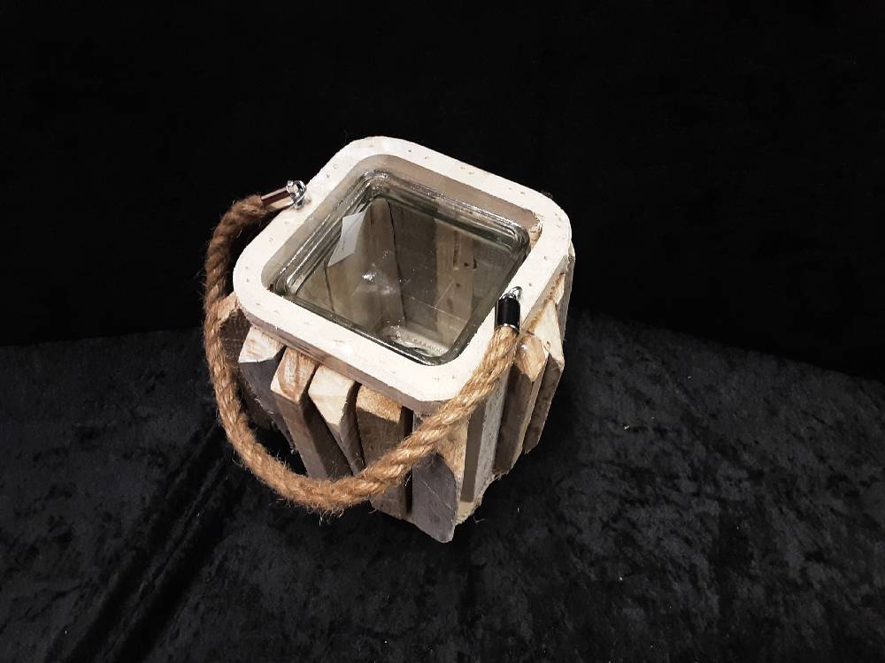 PHOTOPHORE LANTERNE CARRÉ BOIS + POT VERRE ET ANSE CORDE (6305908)