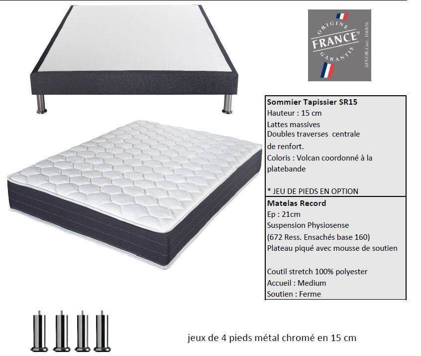 PACK RECORD 160 X 200 GRIS VOLCAN SOMMIER + MATELAS + 4 PIEDS METAL CHROME