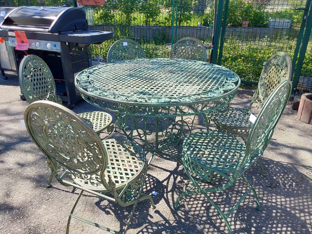 TABLE DE JARDIN MÉTAL VERT RONDE + 6 CHAISES PLIABLES (KB99AG/KB98AG)
