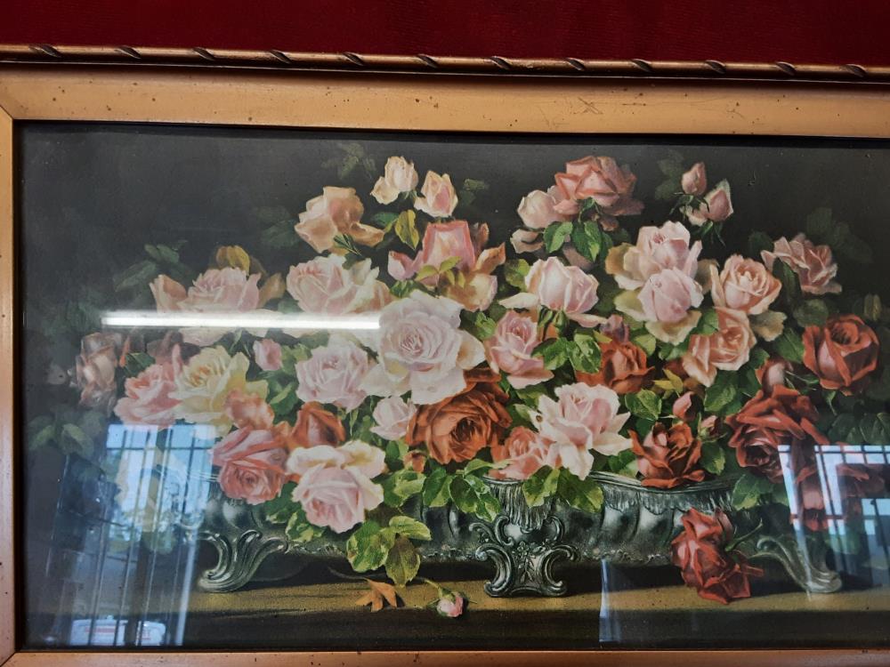 TABLEAU REPRO JARDINIÈRE DE ROSES CADRE DORE