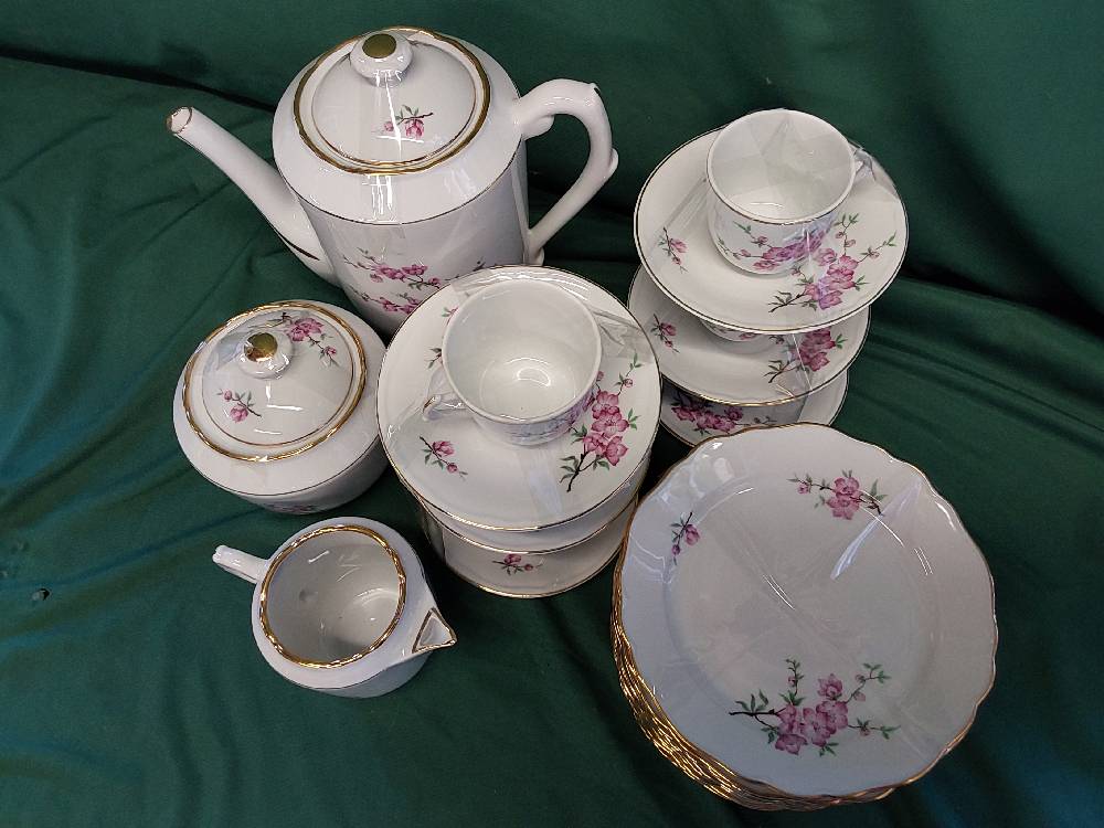 SERVICE A CAFÉ ET DESSERTS PORCELAINE DECOR FLEURS ROSES