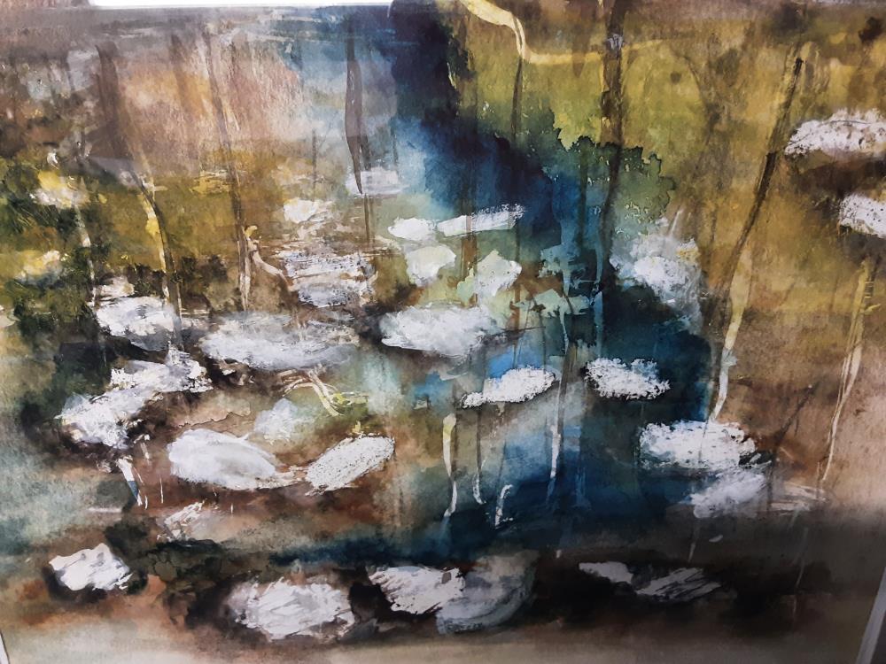 TABLEAU AQUARELLE CADRE DORE - SIGNEE SONYA BERTHIER DORGLER - FORET RIVIERE