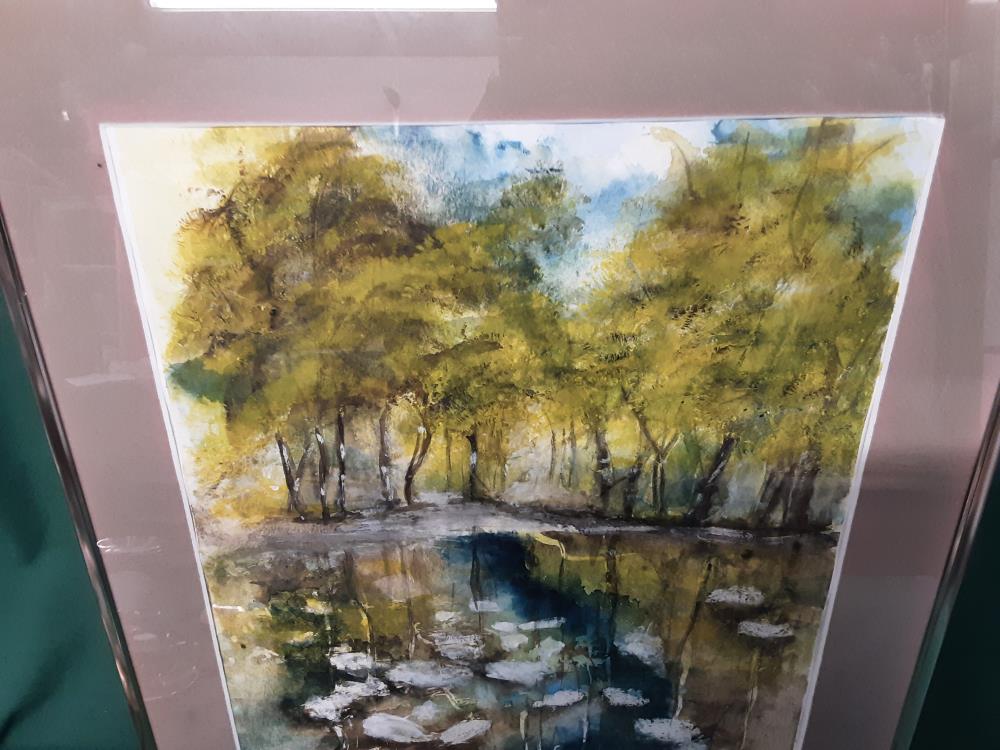 TABLEAU AQUARELLE CADRE DORE - SIGNEE SONYA BERTHIER DORGLER - FORET RIVIERE