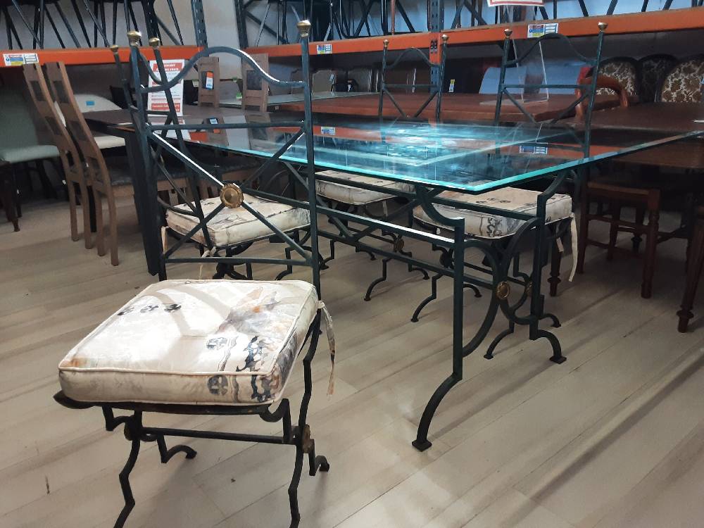 TABLE RECTANGULAIRE FER FORGÉ PLATEAU EN VERRE + 4 CHAISES