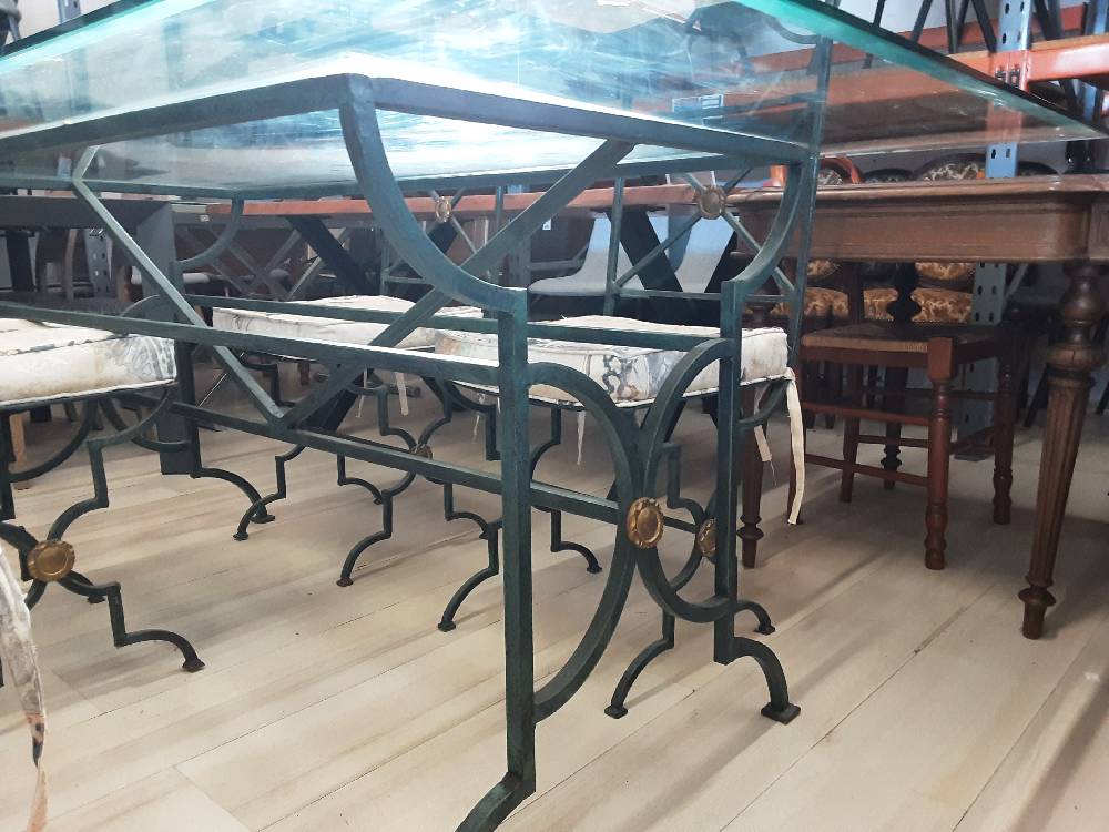 TABLE RECTANGULAIRE FER FORGÉ PLATEAU EN VERRE + 4 CHAISES