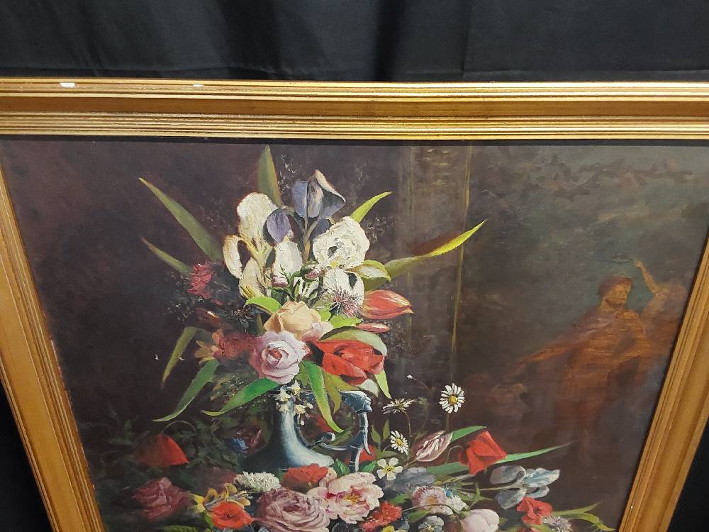 TABLEAU TGM FLEURS SUR CONSOLE SIGNÉ 92X110CM