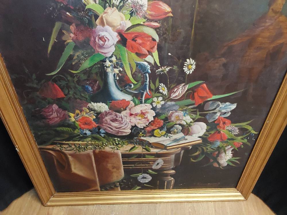 TABLEAU TGM FLEURS SUR CONSOLE SIGNÉ 92X110CM