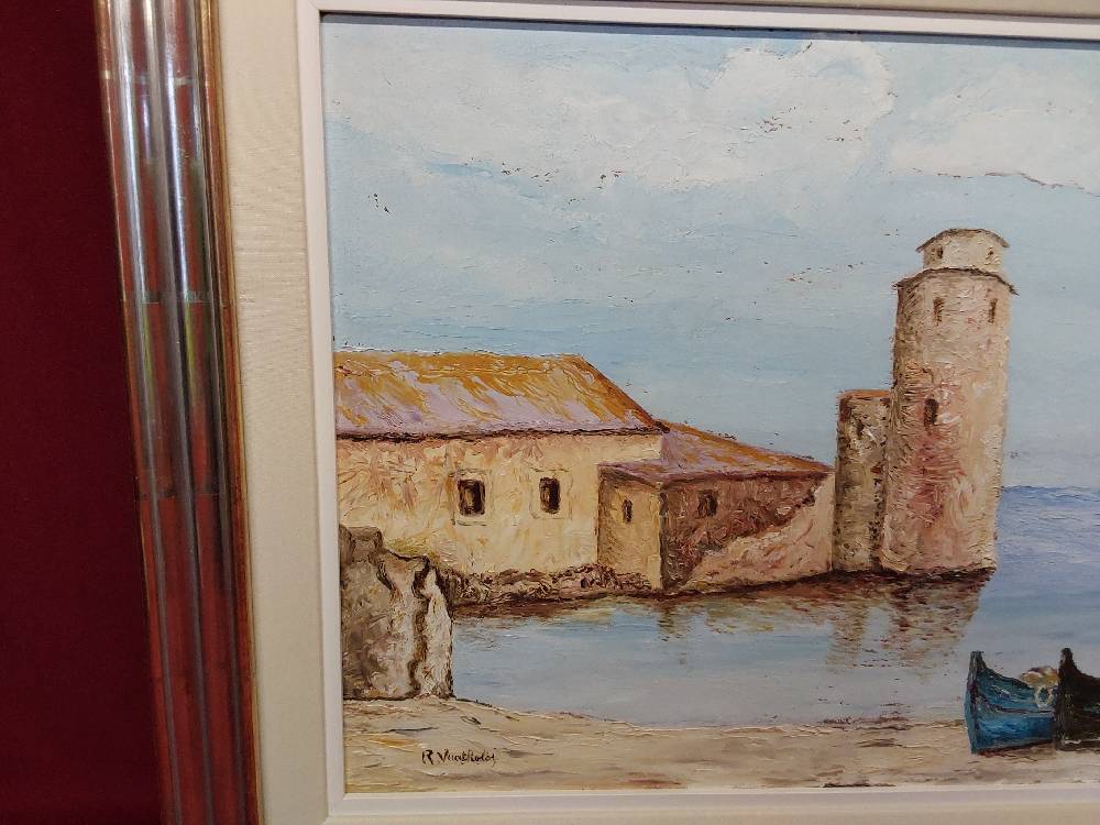 TABLEAU MARINE CADRE BOIS DORÉ 80X56CM