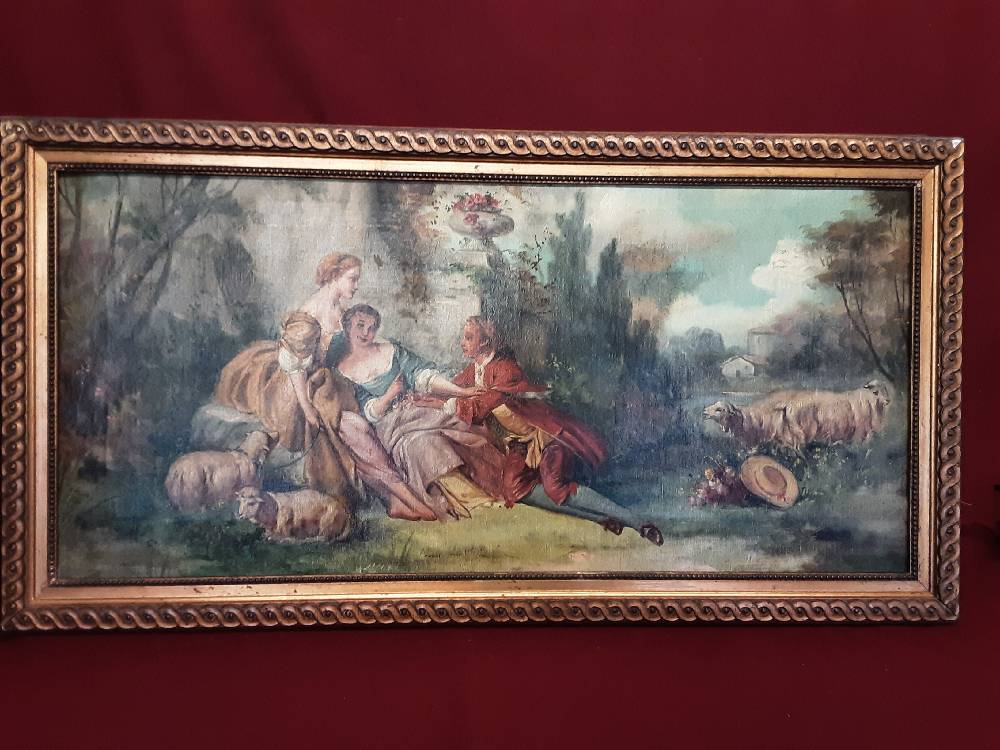 TABLEAUX DEMOISELLES MARQUISES CADRE BOIS DORÉ 88X46CM