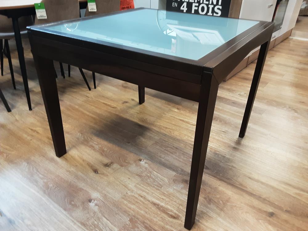 TABLE CARRE 2 ALLONGES COULISSANTES PLATEAU VERRES COLORIS WENGE