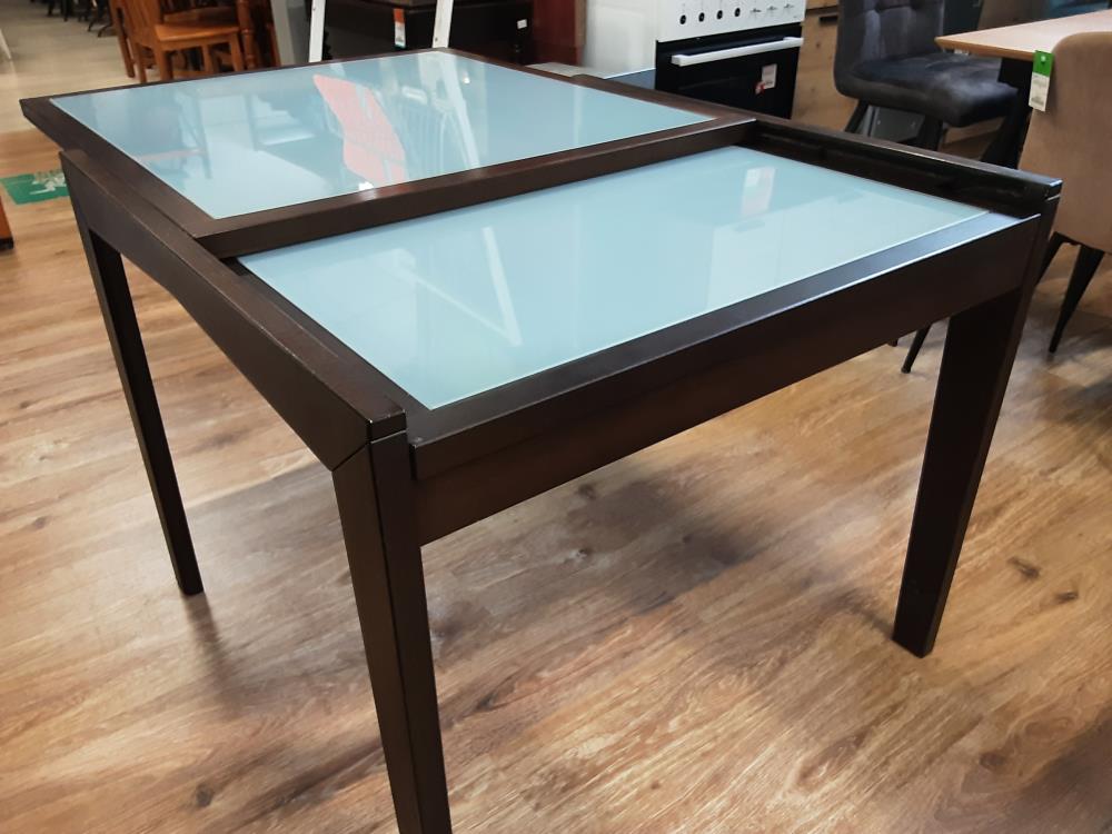 TABLE CARRE 2 ALLONGES COULISSANTES PLATEAU VERRES COLORIS WENGE