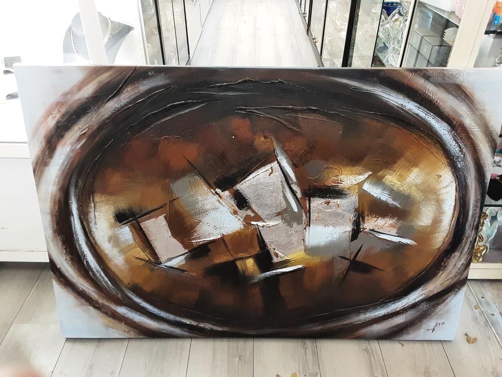 TABLEAU SANS CADRE ABSTRAIT COLORIS RONDS ARGENTE MARRON ET BEIGE