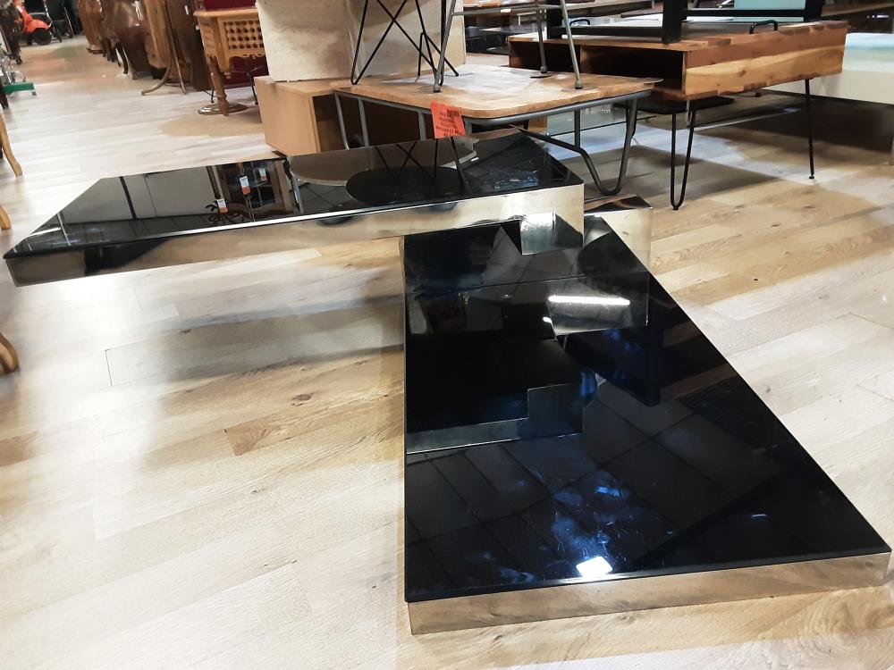 TABLE BASSE PIVOTANTS 2 PLATEAUX VERRE NOIRE  METALE CHROME