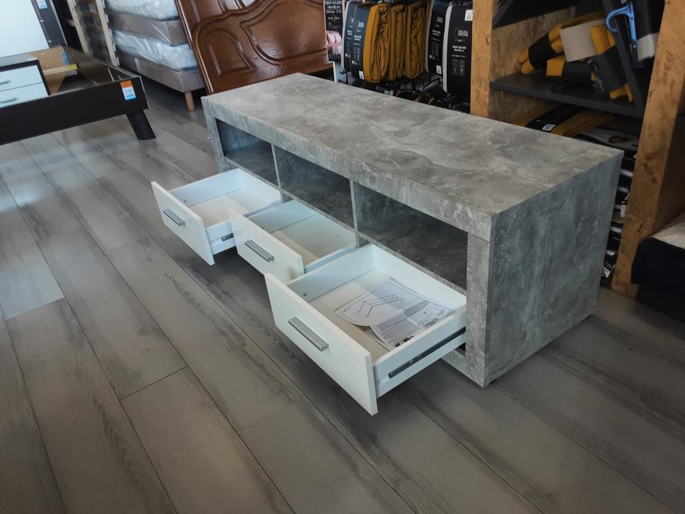 MEUBLE TELE 3 TIROIRS AVEC NICHES GRIS ET BLANC