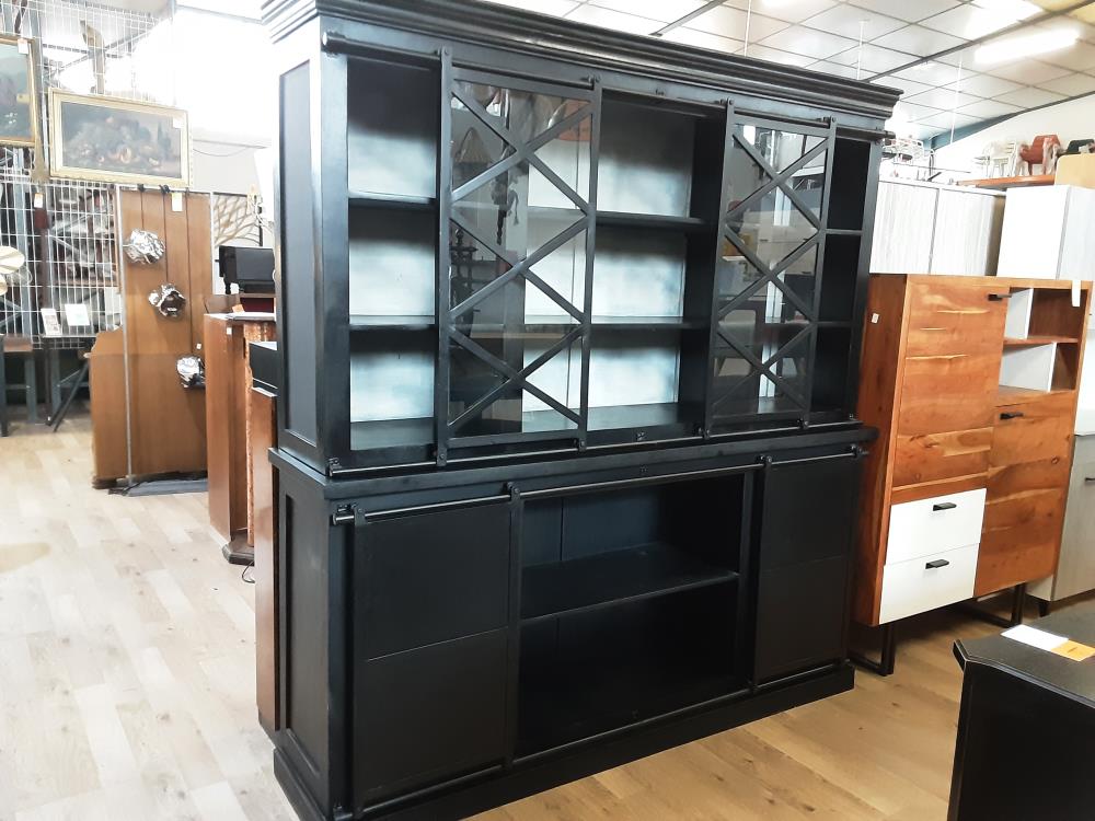 BUFFET 2 CORPS BOIS MANGUIER ET METAL NOIR ET FOND GRIS 6 TIROIRS + 4 PORTES COULISSANTES DONT 2 VIT