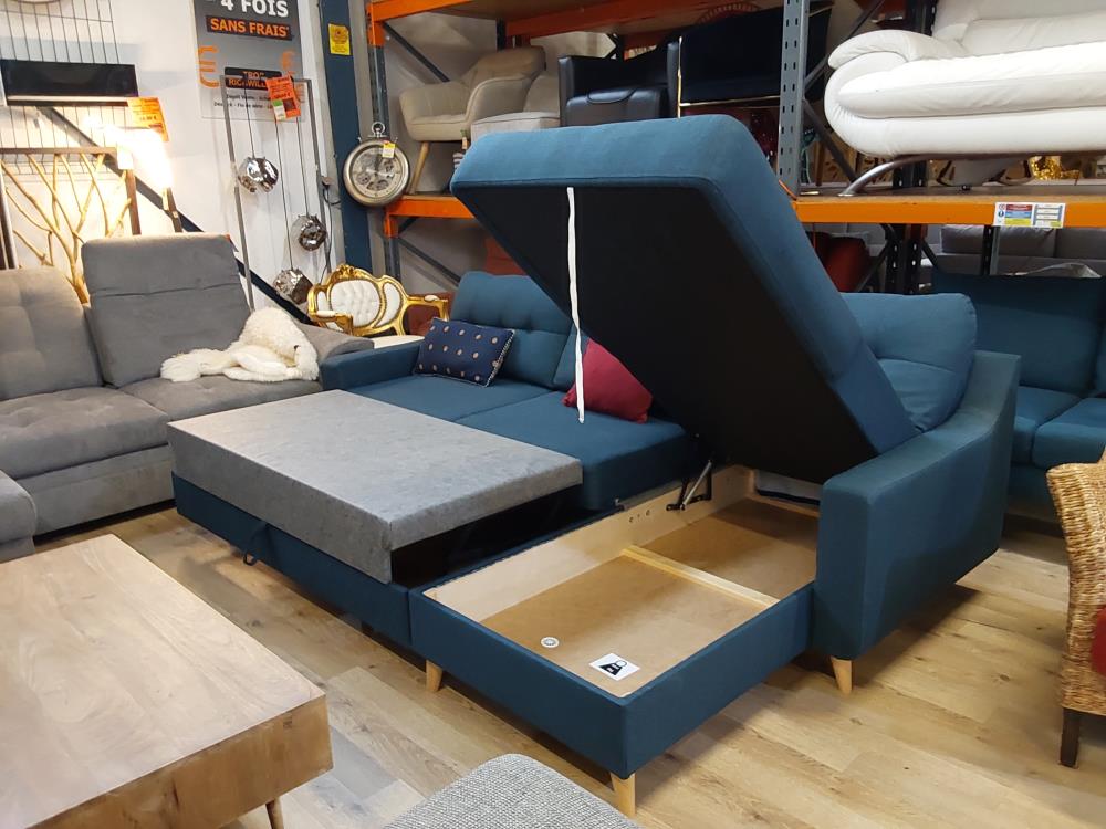 CANAPE D 'ANGLE TISSU BLEU REVERSIBLE CONVERTIBLE + COFFRE