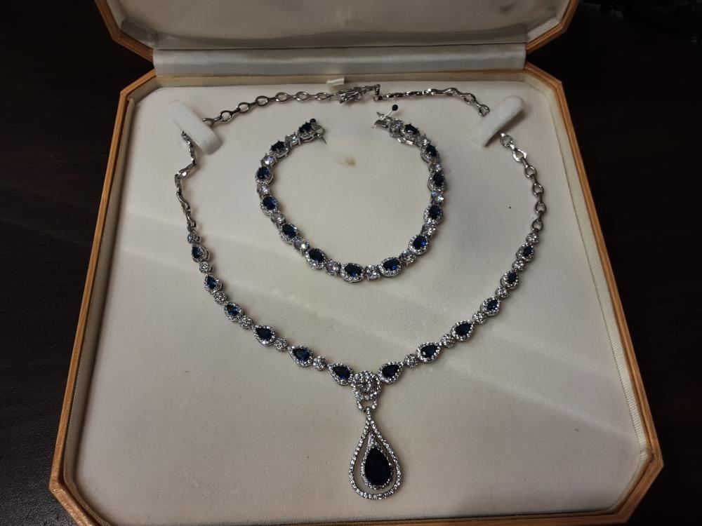 COLLIER + BRACELET ARGENT PIERRES BLEUES ET STRASS