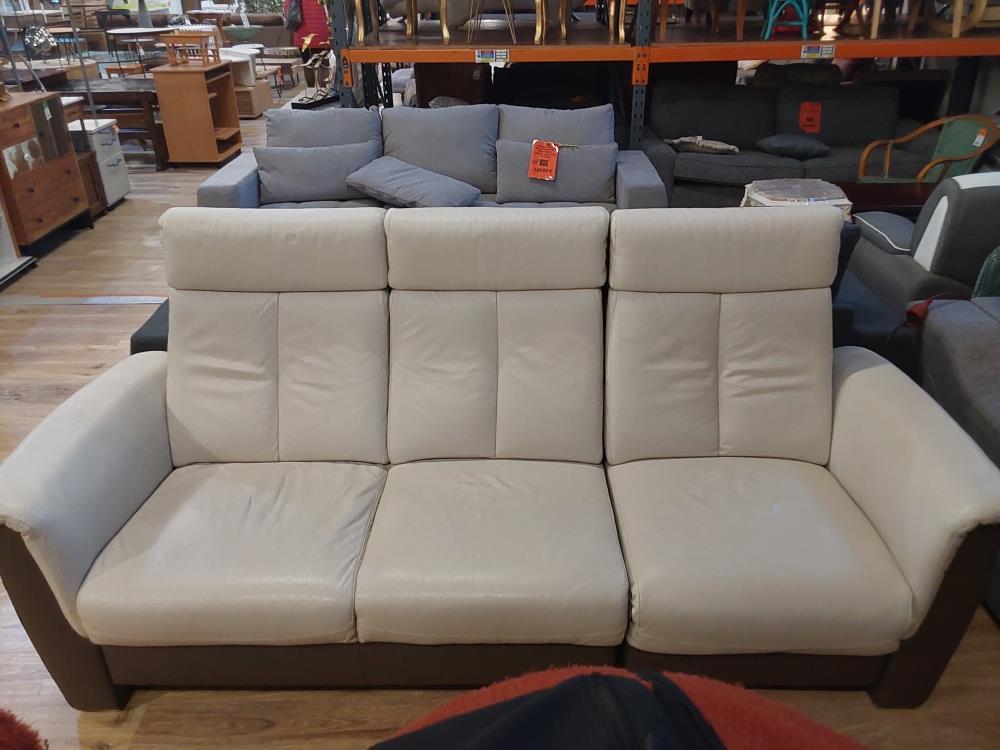 CANAPÉ 3 PLACES DONT 1 RELAX ÉLECTRIQUE CUIR BICOLORE BEIGE TAUPE