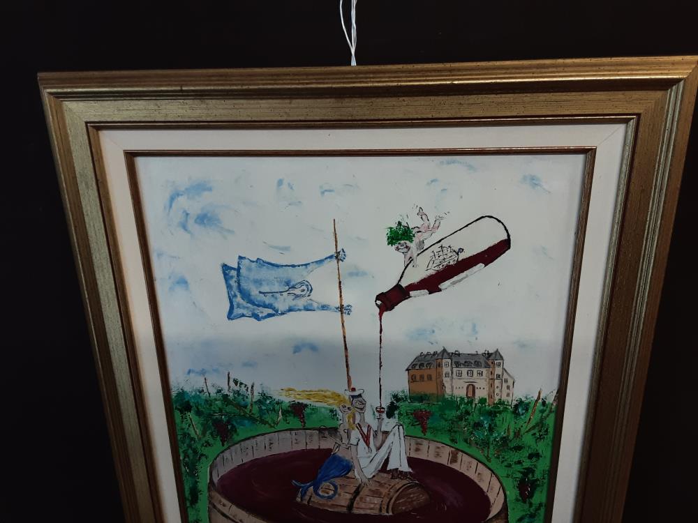 TABLEAU FONTAINE ET BOUTEILLE CADRE DORE