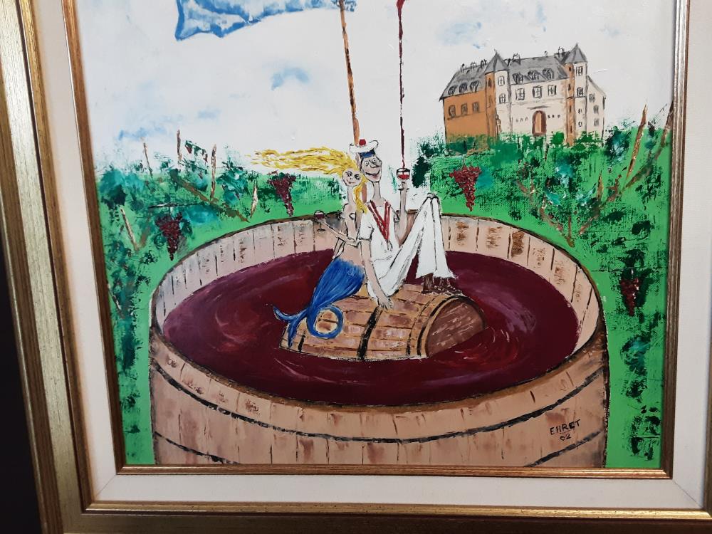 TABLEAU FONTAINE ET BOUTEILLE CADRE DORE