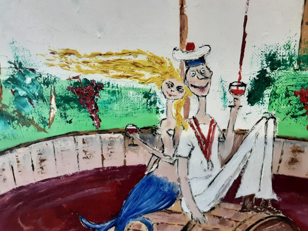 TABLEAU FONTAINE ET BOUTEILLE CADRE DORE