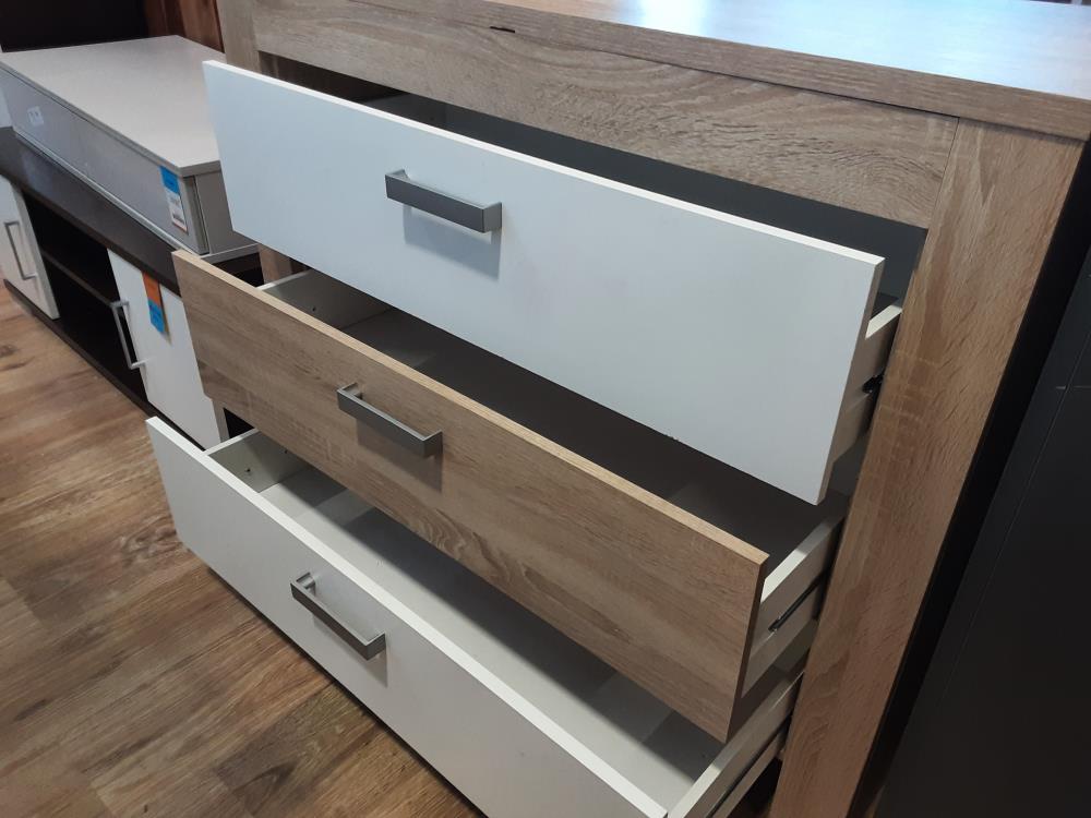 COMMODE 3 TIROIRS COLORIS BRUN ET BLANC