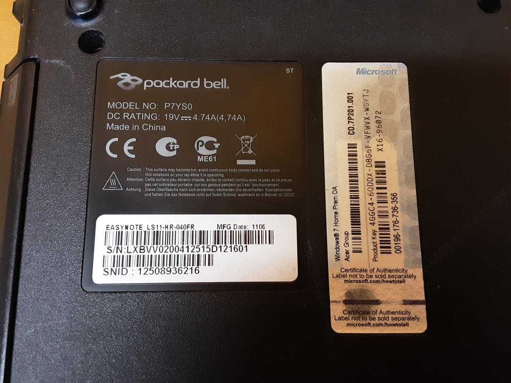 ORDINATEUR PORTABLE PACKARD BELL INTEL PENTIUM CPUB940 AVEC SACOCHE