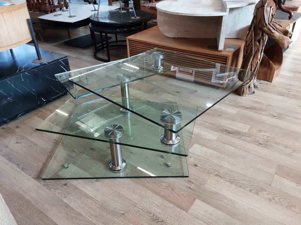 TABLE BASSE PIED METAL CHROME PLATEAUX EN VERRE TOURNANT