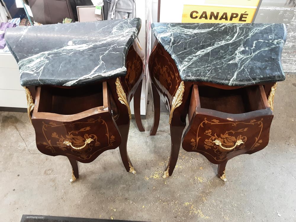 COMMODE PM BAROQUE MARQUETEE GALBE 1 TIROIR MARBRE VERT