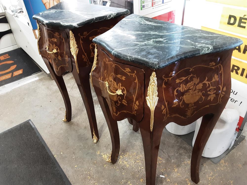 COMMODE PM BAROQUE MARQUETEE GALBE 1 TIROIR MARBRE VERT