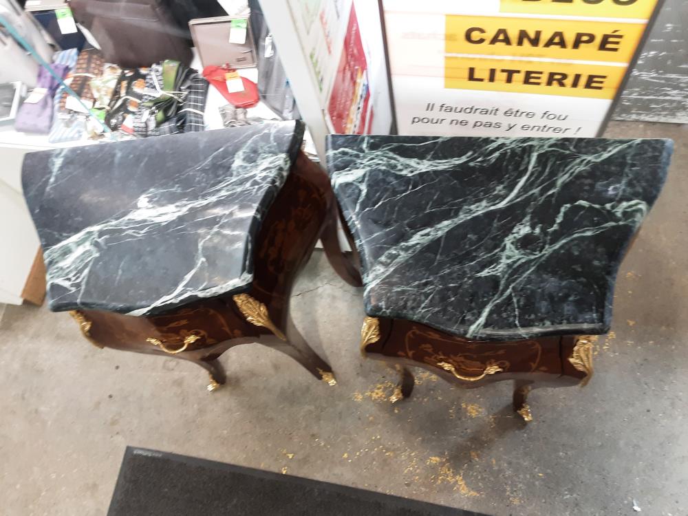 COMMODE PM BAROQUE MARQUETEE GALBE 1 TIROIR MARBRE VERT