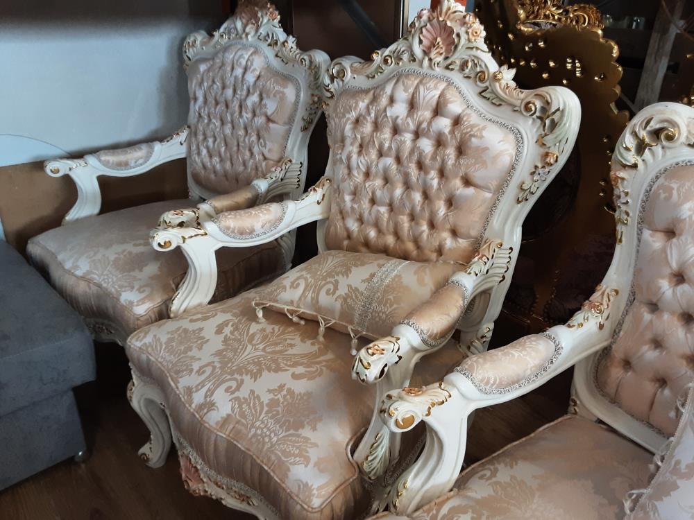 SALON BAROQUE 1 CANAPE + 4 FAUTEUILS AVEC TABLE BASSE DESSUS MARBRE BEIGE