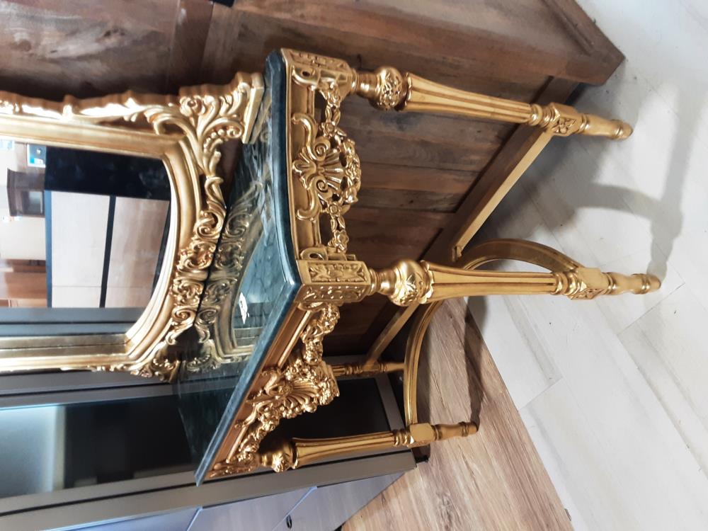 CONSOLE BAROQUE AVEC MIROIR MARBRE VERT CADRE DORE