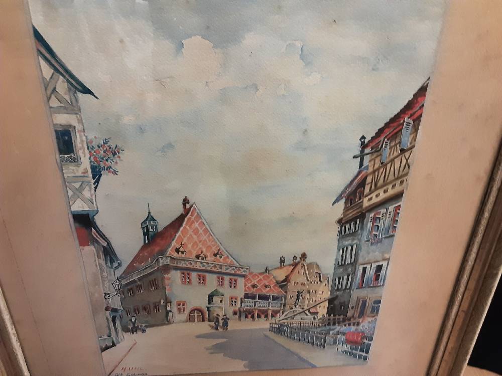 TABLEAU AQUARELLE MAISONS DE VILLAGE SIGNE