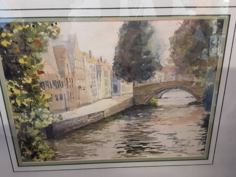 TABLEAU AQUARELLE CADRE VERT PONT RIVIERE