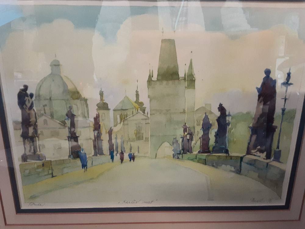 TABLEAU AQUARELLE SIGNEE ’CATHEDRALE ’ CADRE VERT