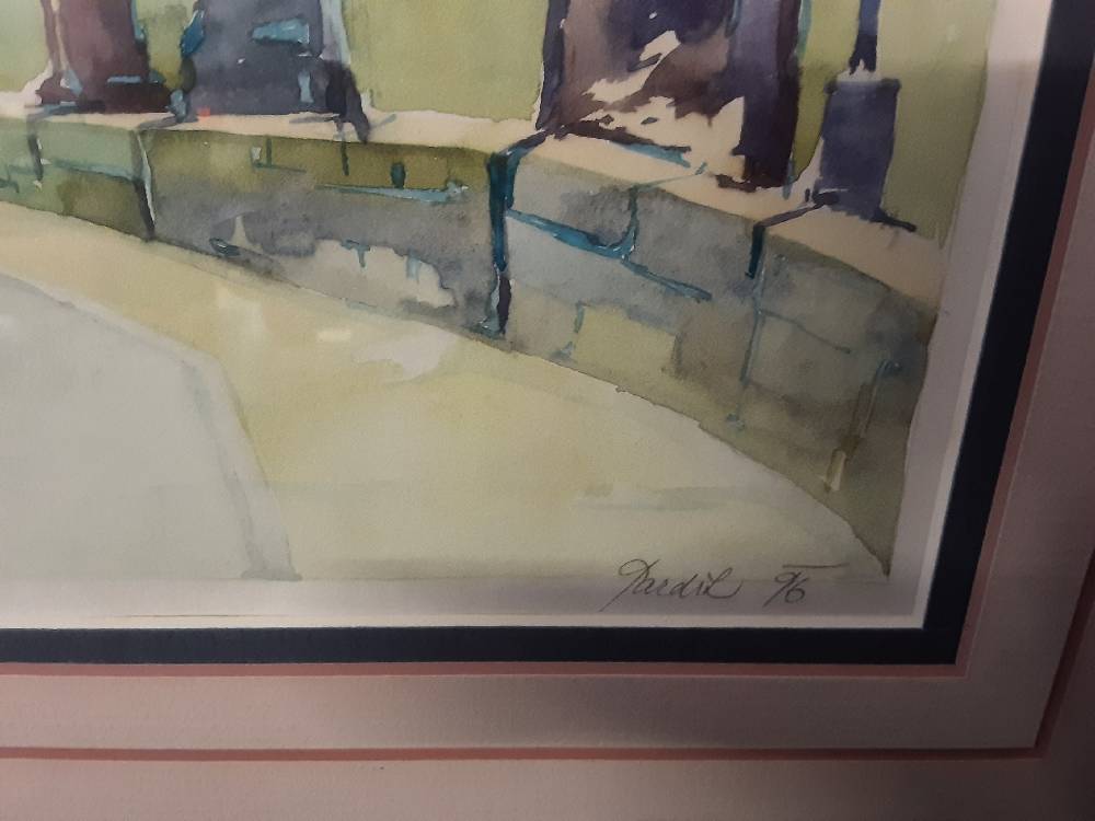 TABLEAU AQUARELLE SIGNEE ’CATHEDRALE ’ CADRE VERT