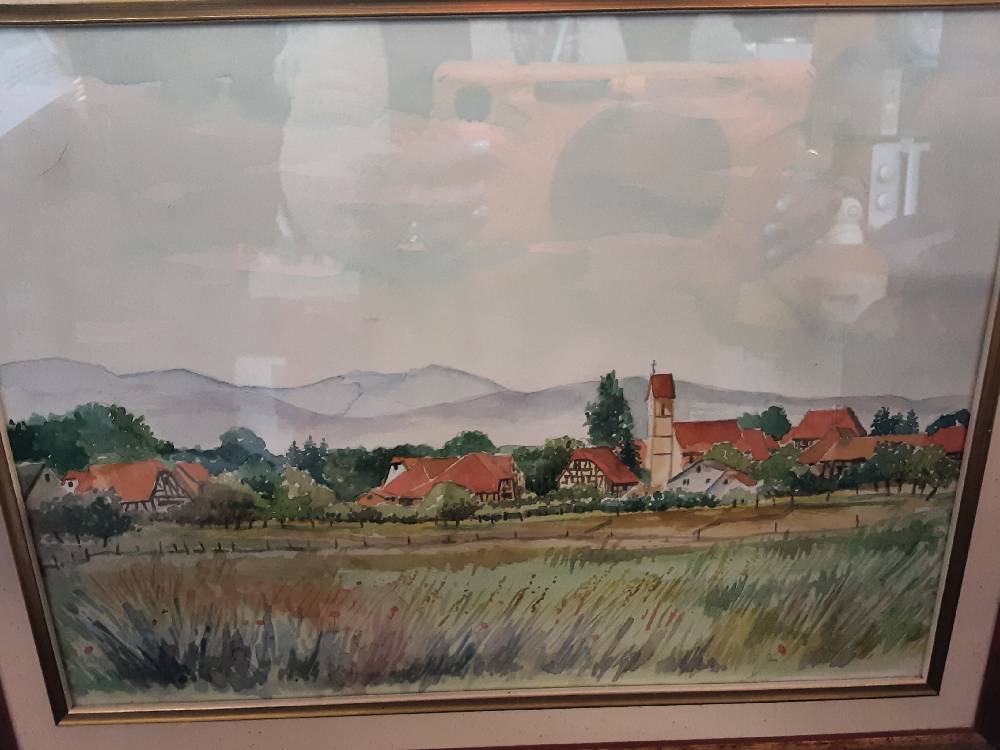 TABLEAU AQUARELLE PRAIRIE MAISONS DE VILLAGE CADRE BOIS