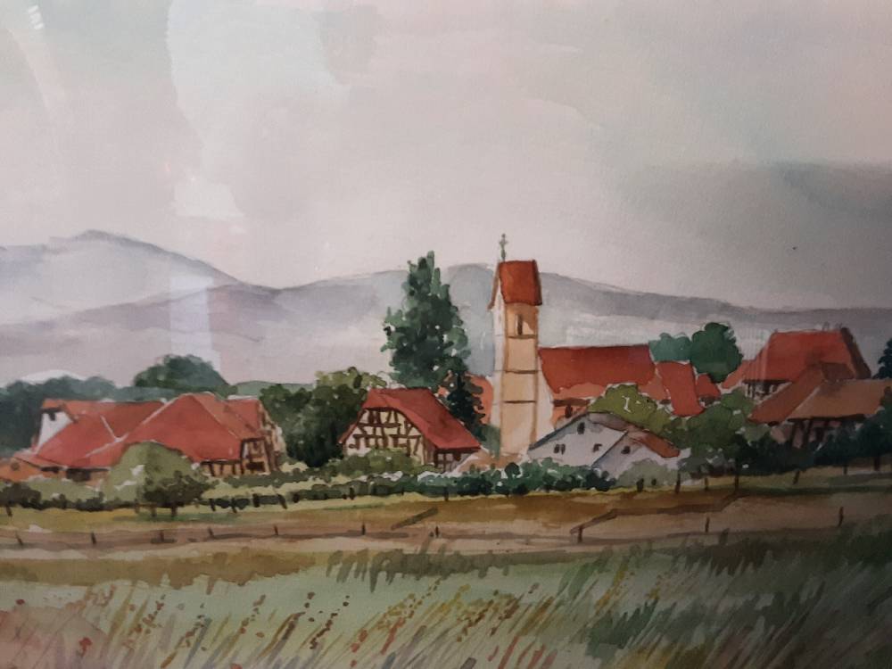 TABLEAU AQUARELLE PRAIRIE MAISONS DE VILLAGE CADRE BOIS
