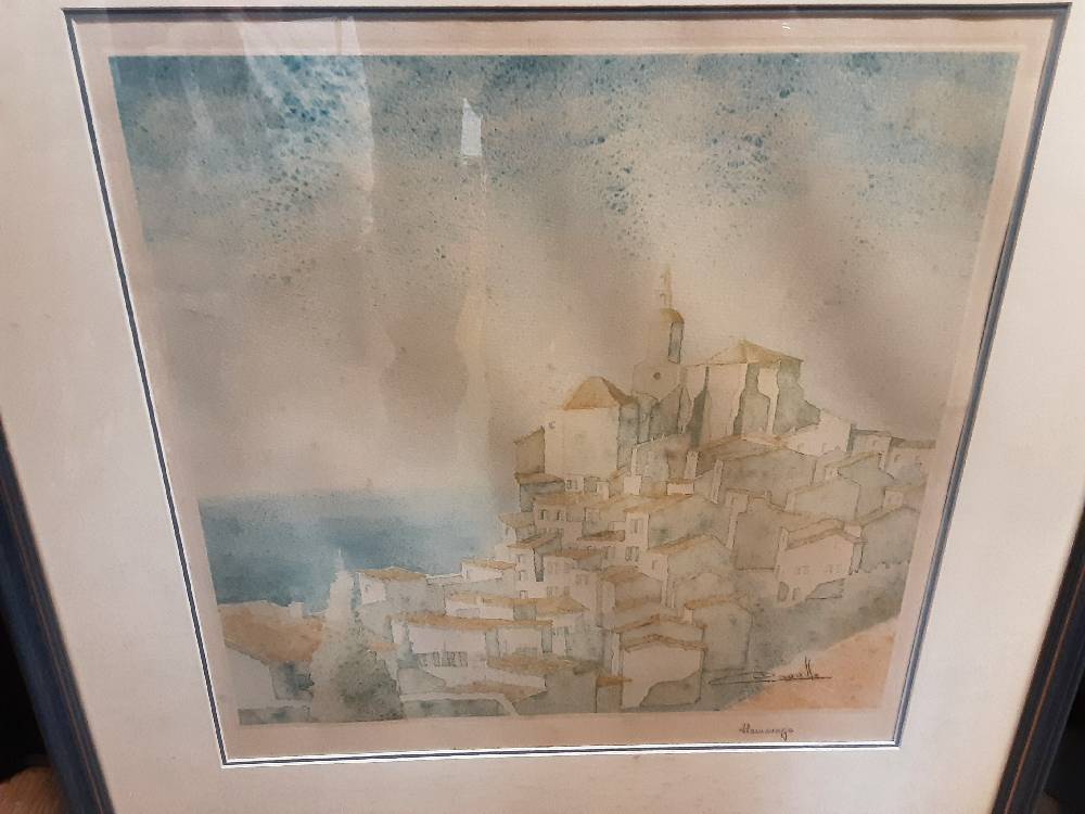 TABLEAU AFFICHE MAISONS SUR COLLINE CADRE BLEU