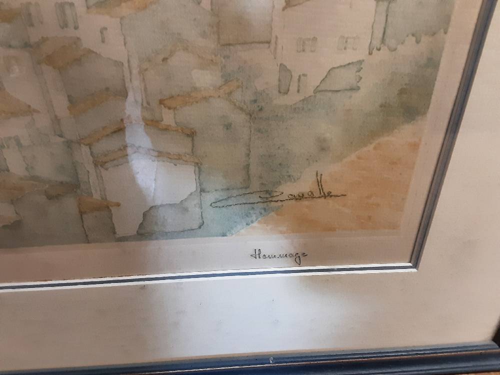 TABLEAU AFFICHE MAISONS SUR COLLINE CADRE BLEU