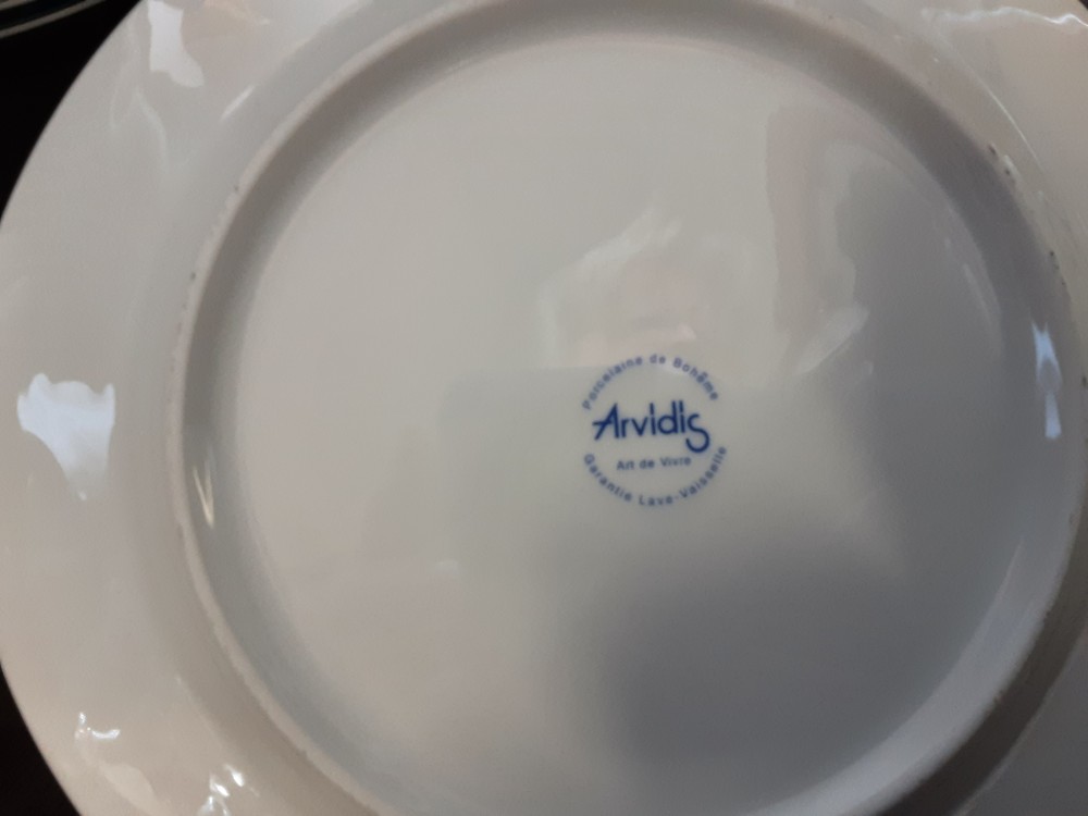 LOT DE 35 ASSIETTES DE TABLE PORCELAINE ARVIDIS BORDURES BLEUES ET VERTES