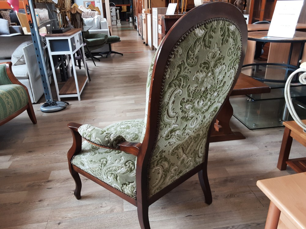 FAUTEUIL VOLTAIRE TISSU VERT A MOTIF