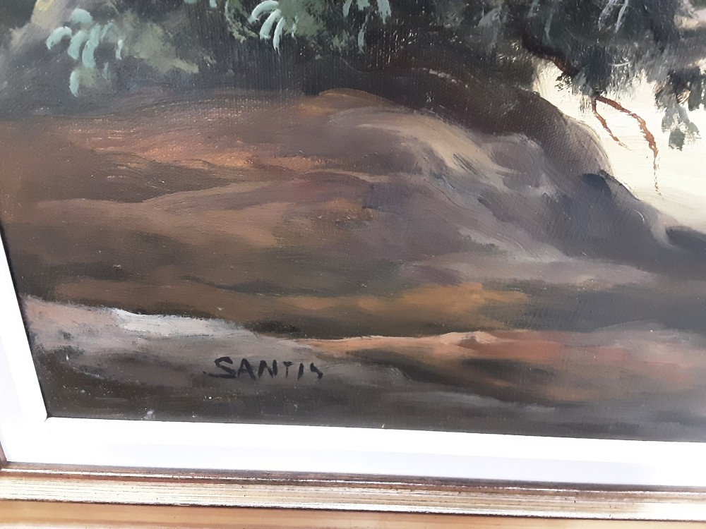 TABLEAU TGM SIGNE CADRE BOIS DORE PAYSAGE FORET ET PERSONNAGES