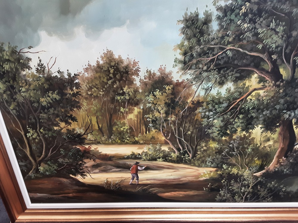 TABLEAU TGM SIGNE CADRE BOIS DORE PAYSAGE FORET ET PERSONNAGES