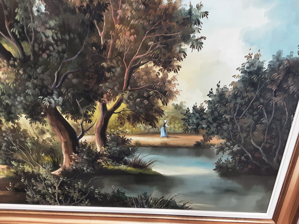 TABLEAU TGM SIGNE CADRE BOIS DORE PAYSAGE FORET ET PERSONNAGES