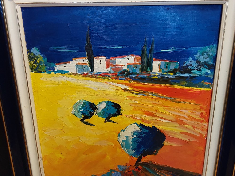 TABLEAU PAYSAGE SIGNÉ MARC VIGNERON CADRE BLEU/DORÉ