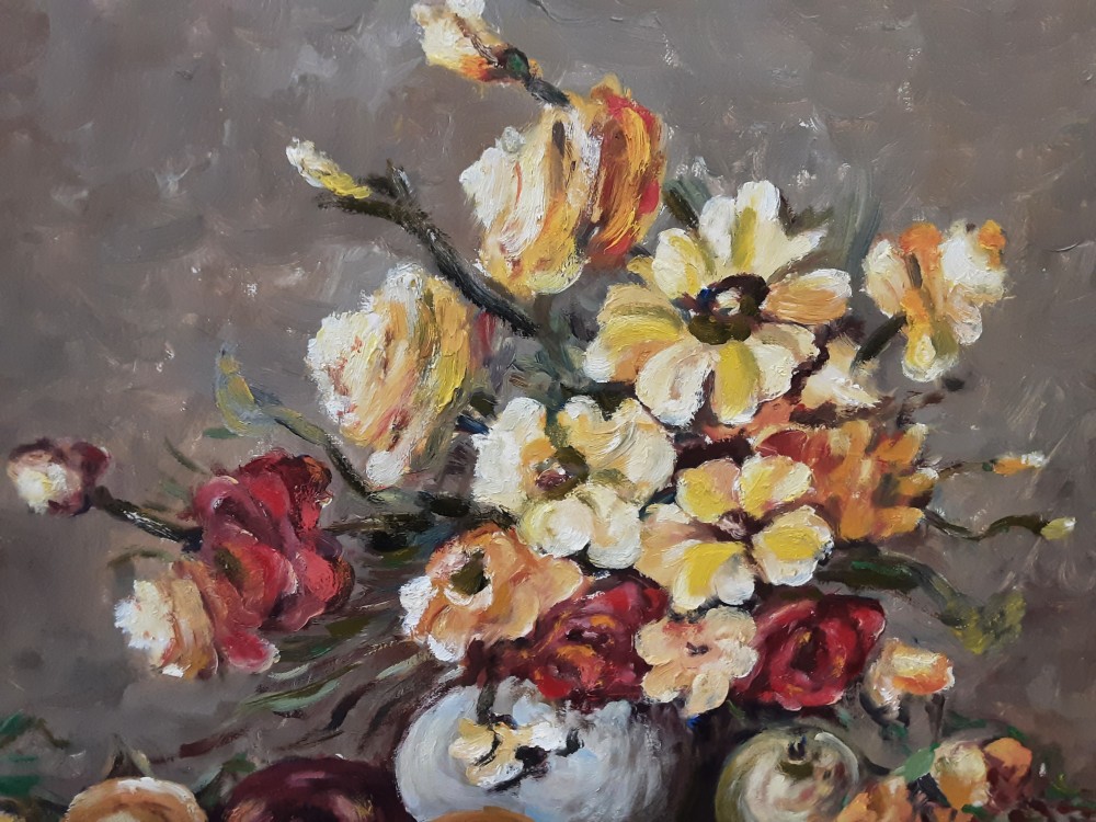 TABLEAU NATURE MORTE FRUITS ET FLEURS SIGNÉ - CADRE BOIS CLAIR ET DORURE 70X62CM