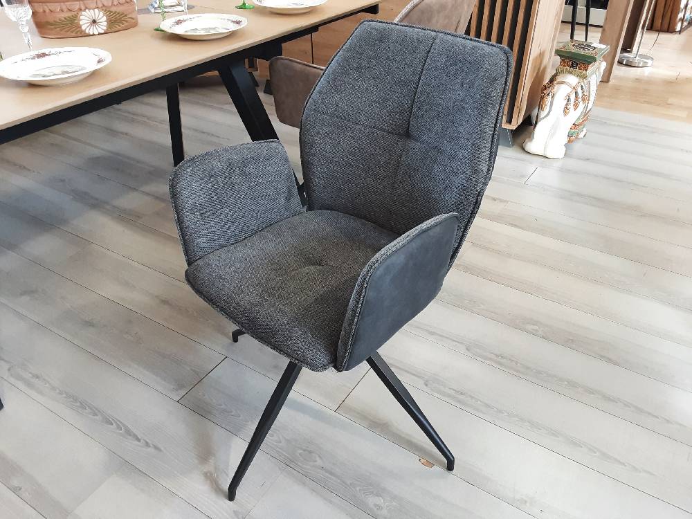 FAUTEUIL BI-MATIÈRE - LEO GRIS FONCE - PIVOTANT 360° PIEDS MÉTAL NOIR