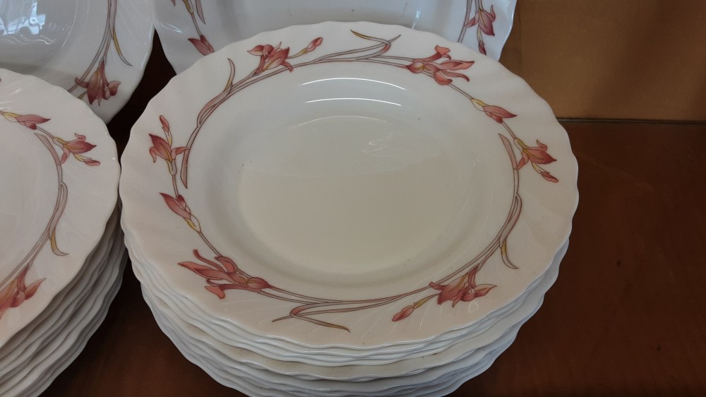 LOT DE 12 ASSIETTES PLATES + 12 ASSIETTES CREUSES ARCOPAL FLEURS ROSES